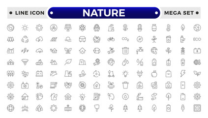 Nature icon set. Containing recycling, plant, nature, eco, earth, green energy, trees, ecology and more. Outline vector icons collection.