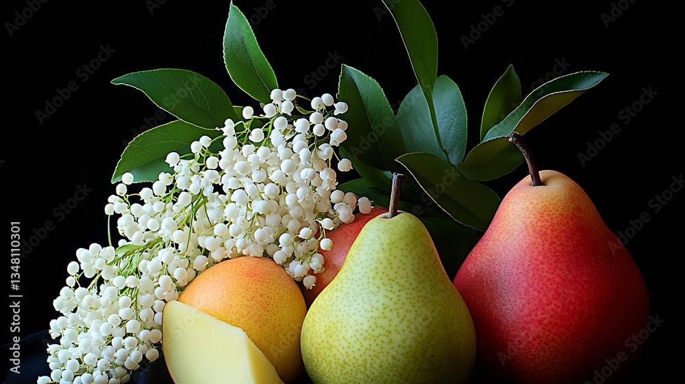 Poster fresh assortment of colorful pears and white flowers arranged elegantly on a dark background : gener