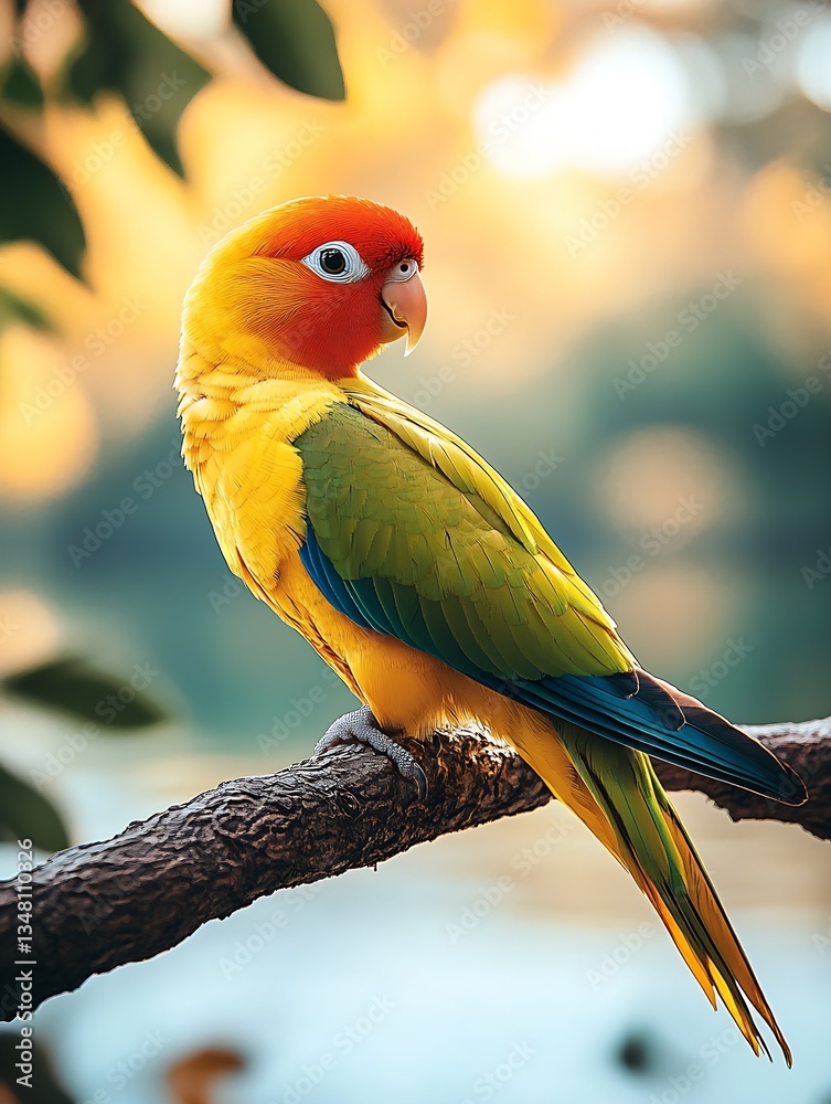 Poster vibrant colorful parrot sitting on a branch in soft golden light : generative ai