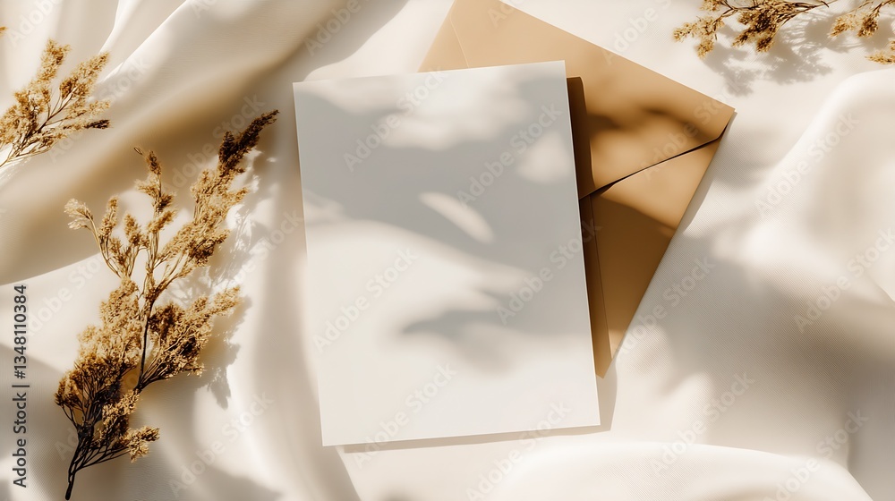 Aufkleber elegant flat lay of a blank card and brown envelope on soft fabric surrounded by dried flowers : gen