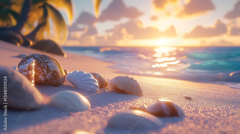 Poster close up of beautiful seashells scattered on a sandy beach during sunset glow : generative ai