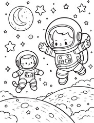Cute Cartoon Astronaut and Space Cat Coloring Page – Fun Outer Space Adventure