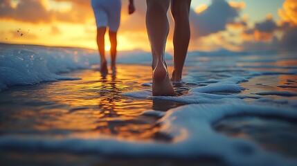 Couple walking barefoot along the shore at sunset leaving footprints in the sand while waves gently crash behind them : Generative AI