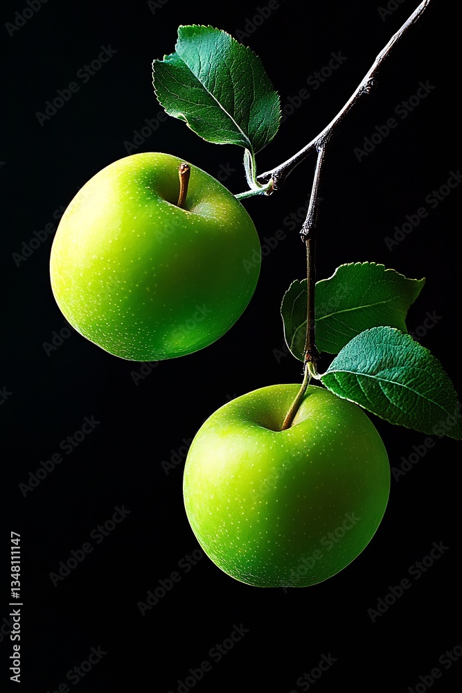 Poster two perfect green apples hanging from a branch with lush leaves against a dark background : generati