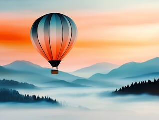 Fototapeta premium Hot Air Balloon Rising Above Misty Valley at Sunrise