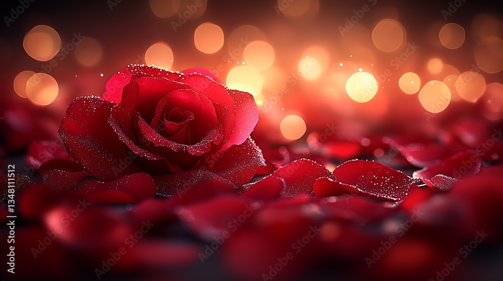 Aufkleber stunning close up of a bright red rose with shimmering petals on a blurred background of warm fairy 