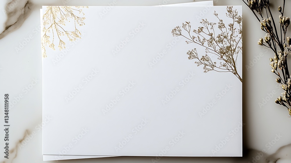 Poster elegant stationery featuring dried flowers with a minimalist design on a marble surface : generative