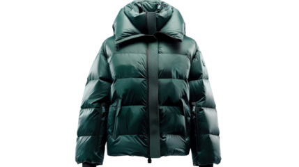 Warm green padded winter jacket isolated on transparent background