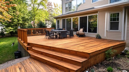 Newly stained wooden deck with steps, outdoor furniture, and a house in the background