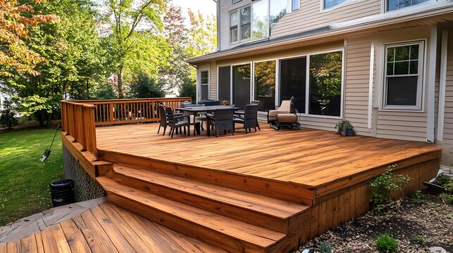 Newly stained wooden deck with steps, outdoor furniture, and a house in the background