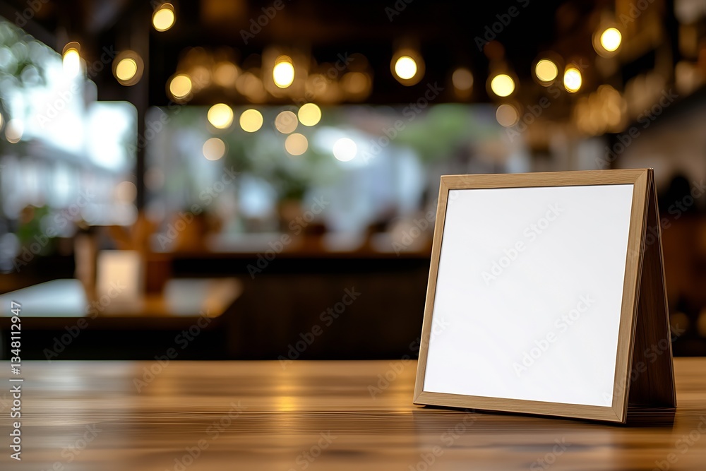 Aufkleber stylish blank menu board on wooden table in cozy modern cafe with warm ambient lighting : generative