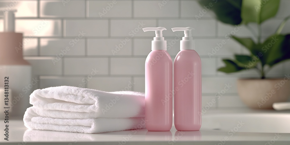 Poster luxurious pink shampoo and conditioner bottles with clean towels in a modern bathroom setting : gene