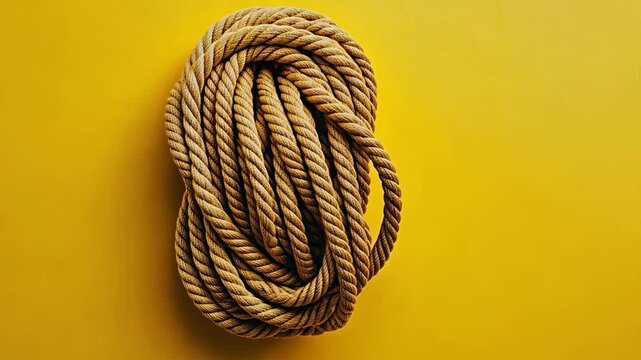 Rope coiled neatly on a vibrant yellow background suggesting strength and versatility in various applications