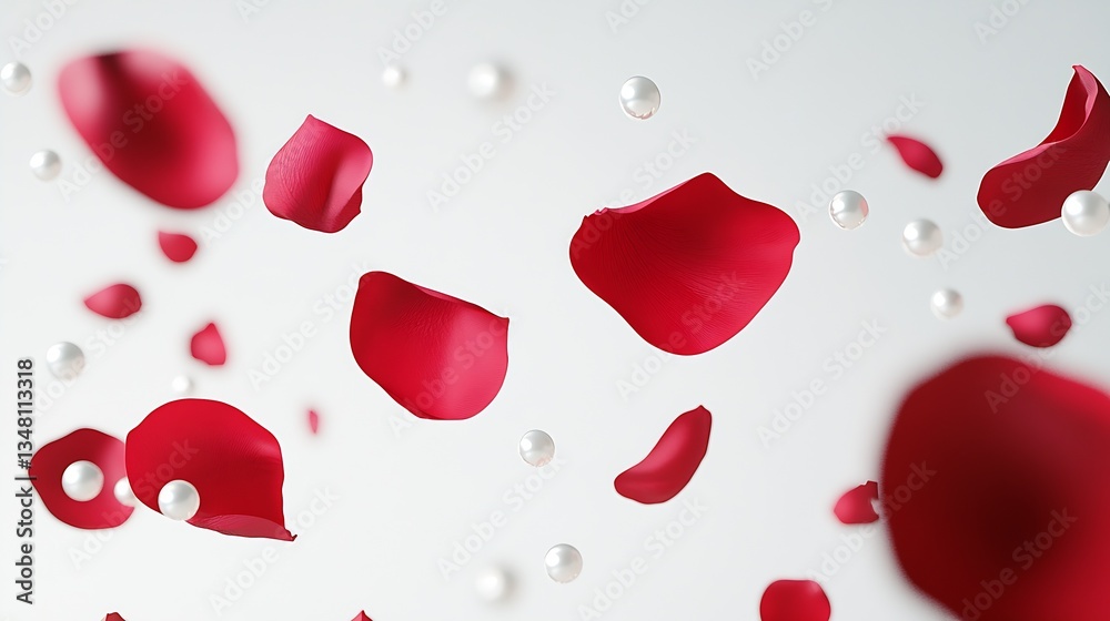 Poster Elegant floating red rose petals and pearls creating romantic atmosphere on white background : Generative AI