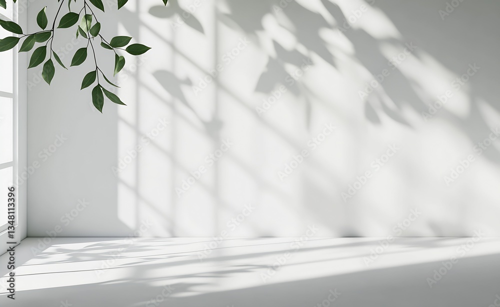 Poster elegant minimalist interior design showcasing a bright space with soft shadows and greenery : genera