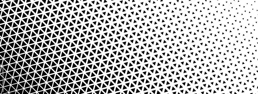 Poster Triangle halftone gradient background. Geometric triangular tech pattern texture. Black abstract fading gradation wallpaper. Vector vanishing mosaic pop art backdrop for booklet, flyer, poster, banner
