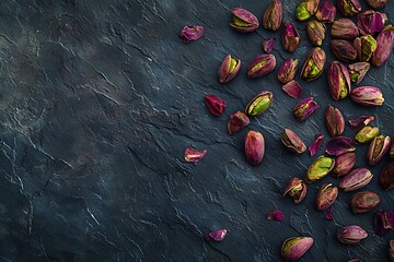 Pistachios on a dark slate background, emphasizing their vibrant natural colors and textures.