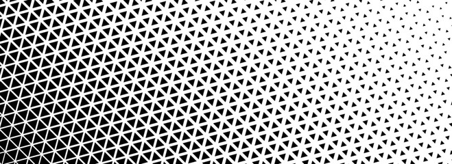 Triangle halftone gradient background. Geometric triangular tech pattern texture. Black abstract fading gradation wallpaper. Vector vanishing mosaic pop art backdrop for booklet, flyer, poster, banner