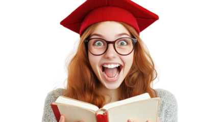 A smiling young female college student wearing a square academic cap, holding a book in her hands and exuding pride, isolated on a white background