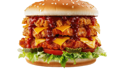 A spicy chicken and beef burger stacked high with lettuce, tomatoes, melted cheese, and chili sauce, isolated on a white background