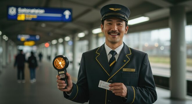 Smiling Train Conductor Holding a Ticket at a Modern Railway Station, Highlighting Efficient Transportation and Customer Service