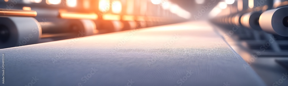 Poster conveyor belt system in a modern industrial setting with ambient lighting.