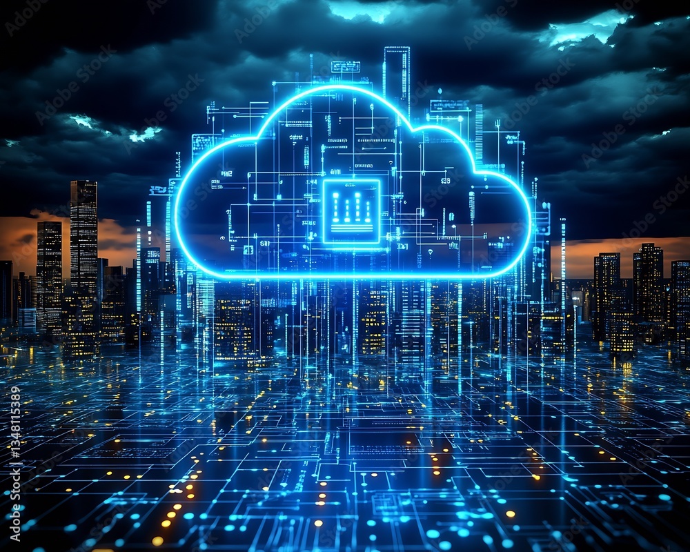 Poster Advanced Cloud Computing Display with Data Processing and Urban Landscape : Generative AI