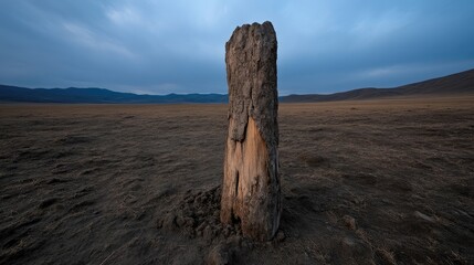 Ancient wooden post in a vast, desolate landscape
