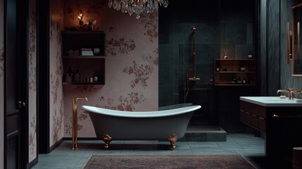 Elegant bathroom interior with clawfoot tub, floral wallpaper, and dark tile shower design