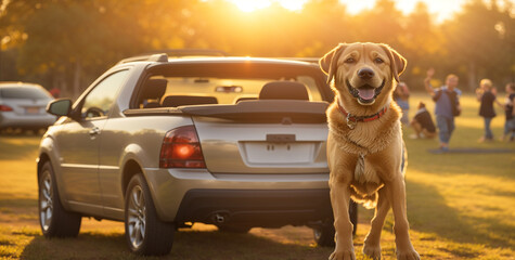 A golden labrador dog stands in front of an tan, convertible car. The image suggests an idyllic, outdoorsy lifestyle that may be associated with pets