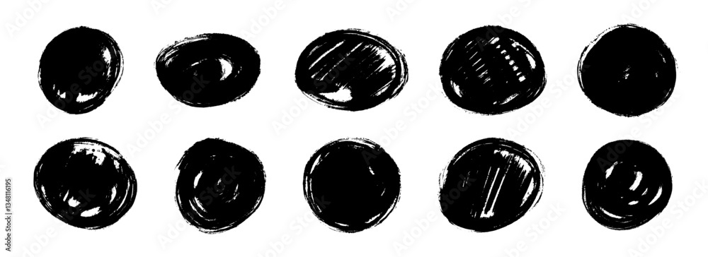 Poster dry paint round stain set. black grunge ink circle collection. brush stroke radial element pack. han