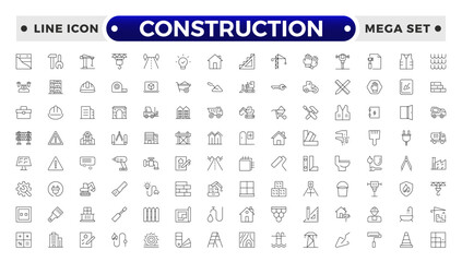 Construction outline icon collection set. Containing building, project, skyscraper, crane, build, equipment, prepared icon.
