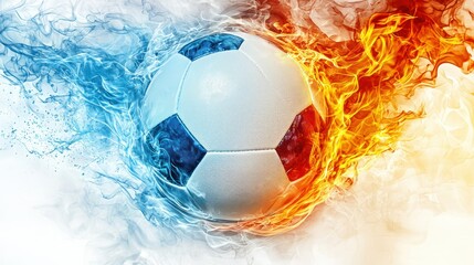 Soccer ball surrounded by fire and ice. Opposites create dramatic effect