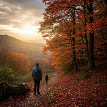 Explore the beauty of autumn hiking through stunning forest trails amidst vibrant fall foliage with breathtaking sunset views.