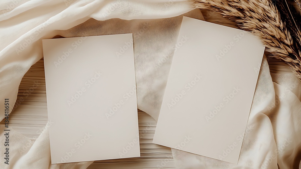 Aufkleber elegant blank card mockup placed on soft fabric with dried wheat accents for customizable design pro