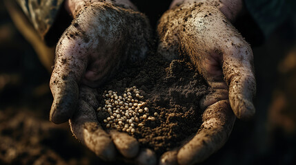 Weathered hands covered in soil cradling tiny seeds, extreme close-up, natural daylight filtering through, deep earthy tones, rustic and organic aesthetic, finely detailed dirt textures, sense of life