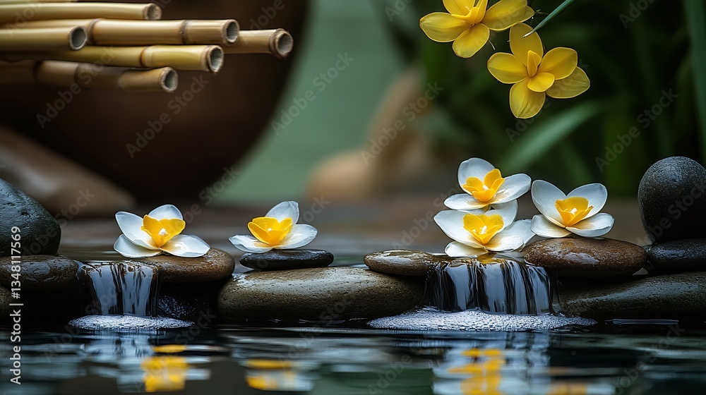 Poster Serene water feature with smooth stones and beautiful orchids creating a tranquil atmosphere : Generative AI