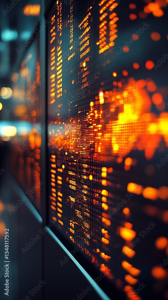 Poster Close-up of a vibrant digital display showing bright orange lights and data patterns in a modern environment : Generative AI