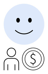happy face above person and dollar sign suggests positivity, human connection, financial stability. Ideal for finance, well-being, business, success, motivation economy customer satisfaction. Flat