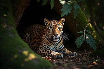 Fototapeta premium A Leopard Hidden Among the Dappled Shadows of a Tree