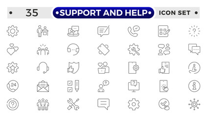 Customer service icon set. Support and Help outline icon set. Containing customer satisfied, assistance, experience, feedback, operator and technical support icons.