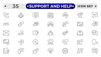 Customer service icon set. Support and Help outline icon set. Containing customer satisfied, assistance, experience, feedback, operator and technical support icons.