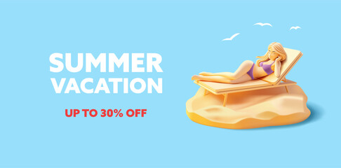 Modern banner for discounts on travel to sea resorts, rest, and vacation. 3D girl resting on the beach in a swimsuit and sunbathing. Vector illustration