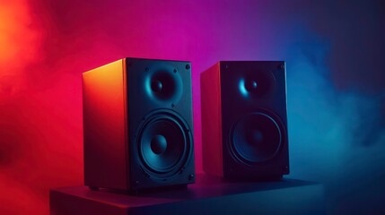 Two black studio monitor speakers on a dark surface illuminated by colorful spotlights. Perfect for music production, technology advertisements, or entertainment promotions.