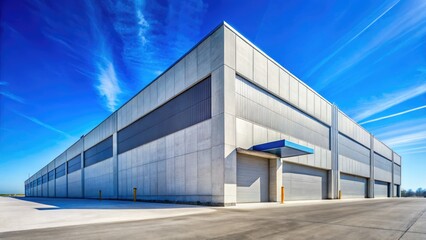 Modern concrete factory, architectural photography captures its sleek design against a vibrant blue sky.