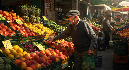 A person at a tropical open-air market. The golden sunlight illuminates the vibrant atmosphere of the market, which is filled with a variety of fresh fruits.