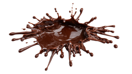 A dynamic burst of rich, melted chocolate splashing outward, with smooth textures and drips captured mid-air, isolated on a Transparent background, PNG file