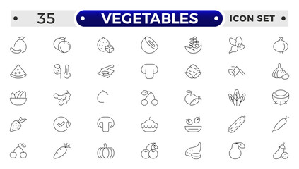 Vegetarian, vegetable, veggies outline icon set. Included the simple vector icons as tomato, cucumber, kohlrabi, cauliflower, pattypan squash, fiddleheads, daikon.