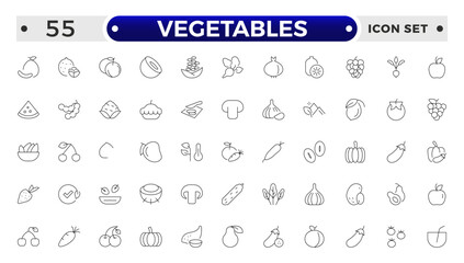 Vegetarian, vegetable, veggies outline icon set. Included the simple vector icons as tomato, cucumber, kohlrabi, cauliflower, pattypan squash, fiddleheads, daikon.