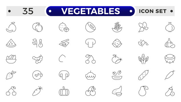 Vegetarian, vegetable, veggies outline icon set. Included the simple vector icons as tomato, cucumber, kohlrabi, cauliflower, pattypan squash, fiddleheads, daikon.